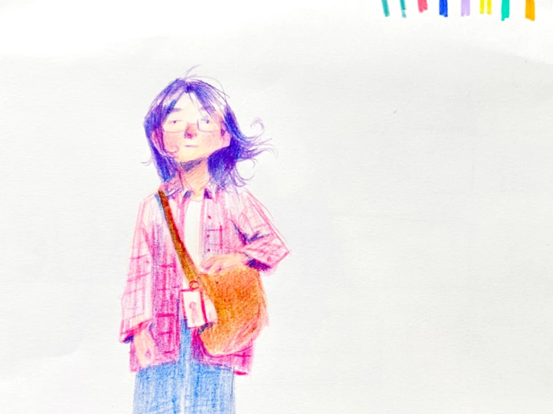 Illustration of a person wearing glasses, a plaid shirt, and carrying a brown shoulder bag.