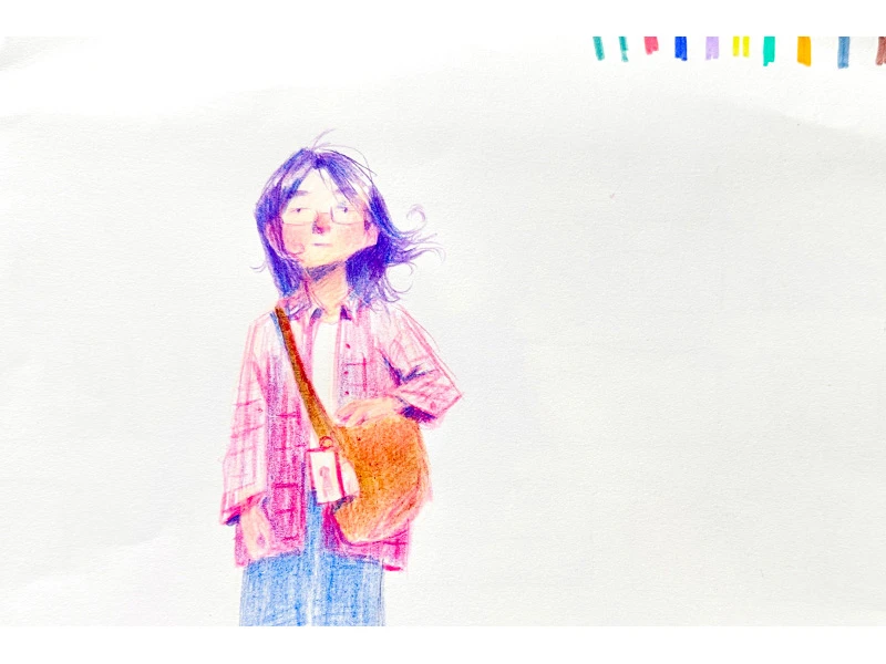 Illustration of a person wearing glasses, a plaid shirt, and carrying a brown shoulder bag.