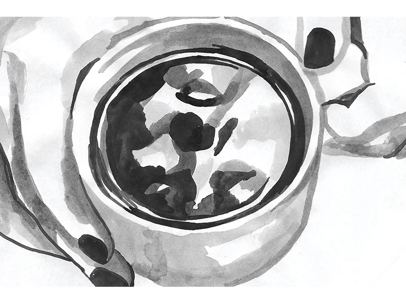 Grayscale watercolor painting of a coffee cup seen from above.