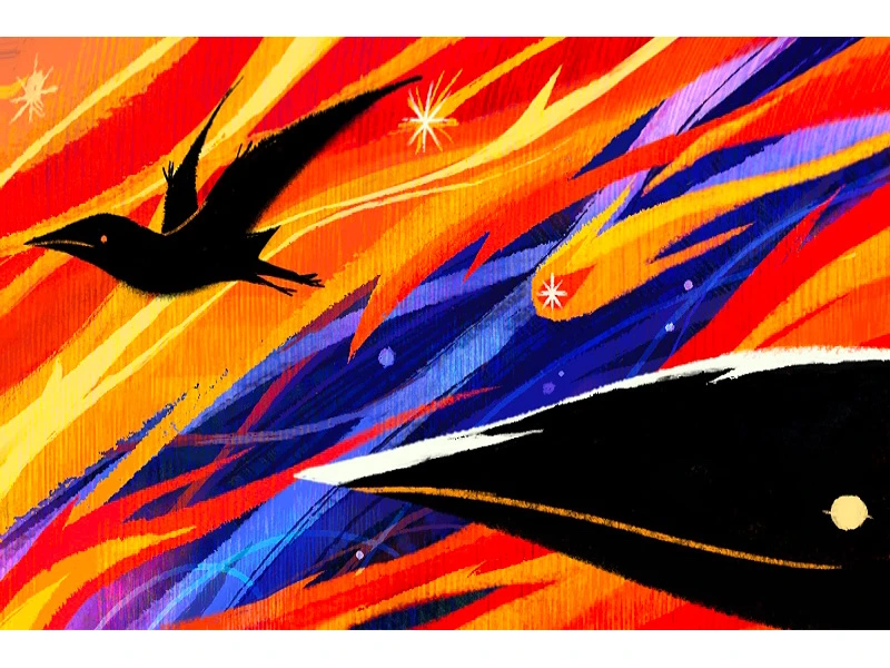An abstract illustration of a bird silhouette against a vibrant background with red, orange, blue, and yellow streaks.