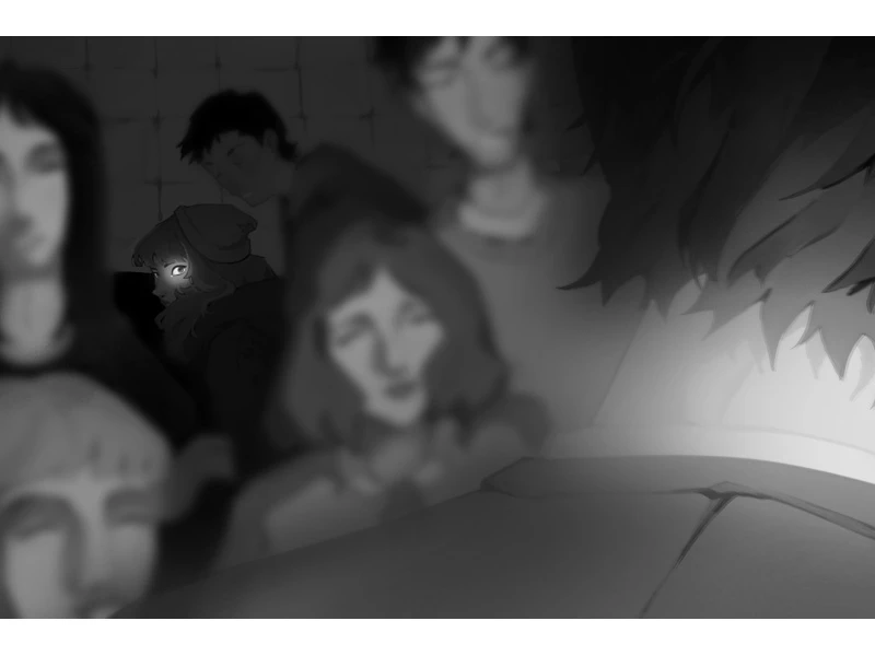 A blurred grayscale image of a group with one individual in focus, highlighting their eyes amidst a dimly lit environment.