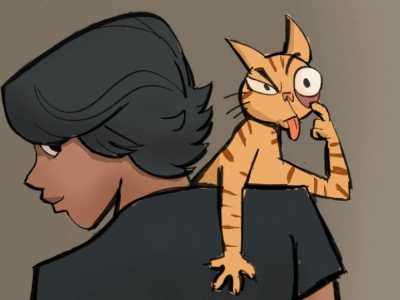 A cartoon person with dark hair and a playful orange cat on their shoulder.