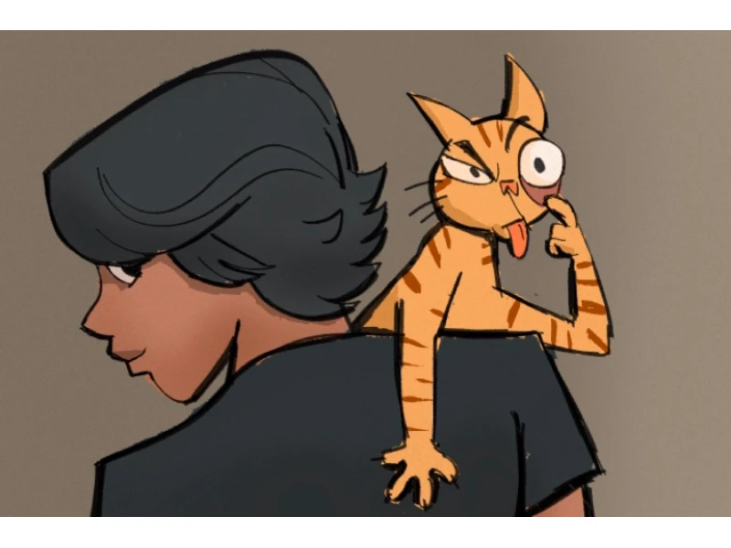 A cartoon person with dark hair and a playful orange cat on their shoulder.
