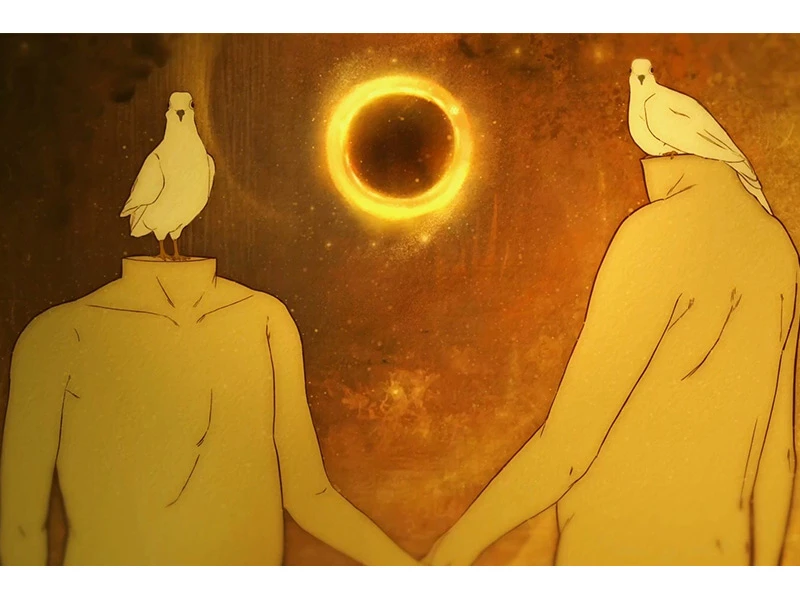 Two human figures with dove heads holding hands under a solar eclipse.