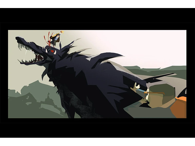 A stylized scene of a large, dark wolf with a small figure standing on its back in a mountainous landscape.