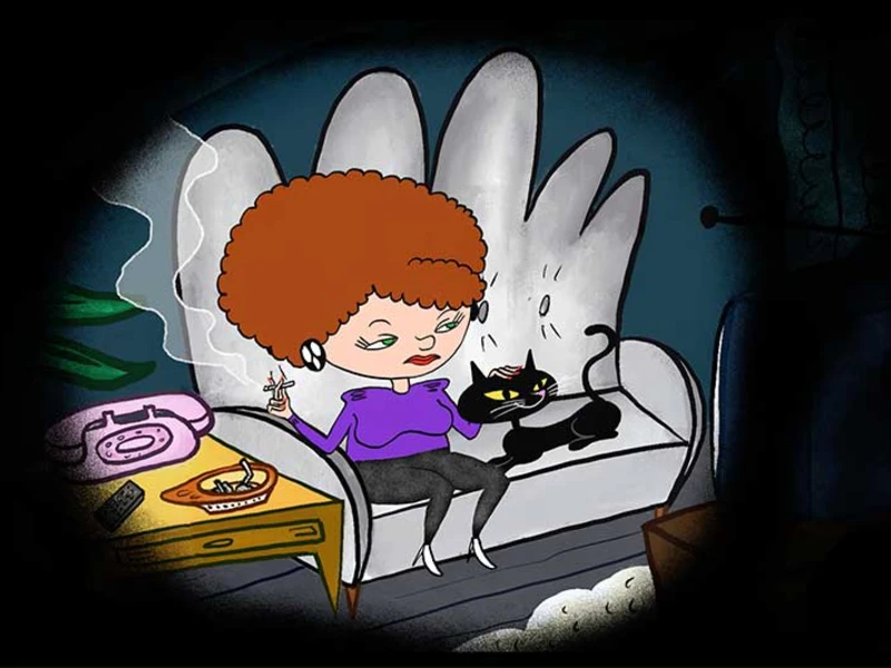 A woman with curly red hair sits on a white couch, holding a cigarette, with a black cat on her lap. A table with a pie and pink phone is beside her.