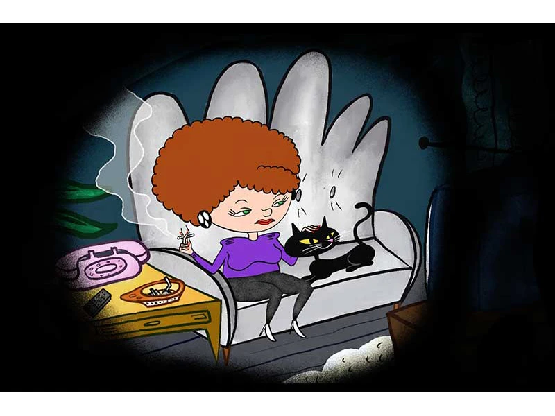 A woman with curly red hair sits on a white couch, holding a cigarette, with a black cat on her lap. A table with a pie and pink phone is beside her.