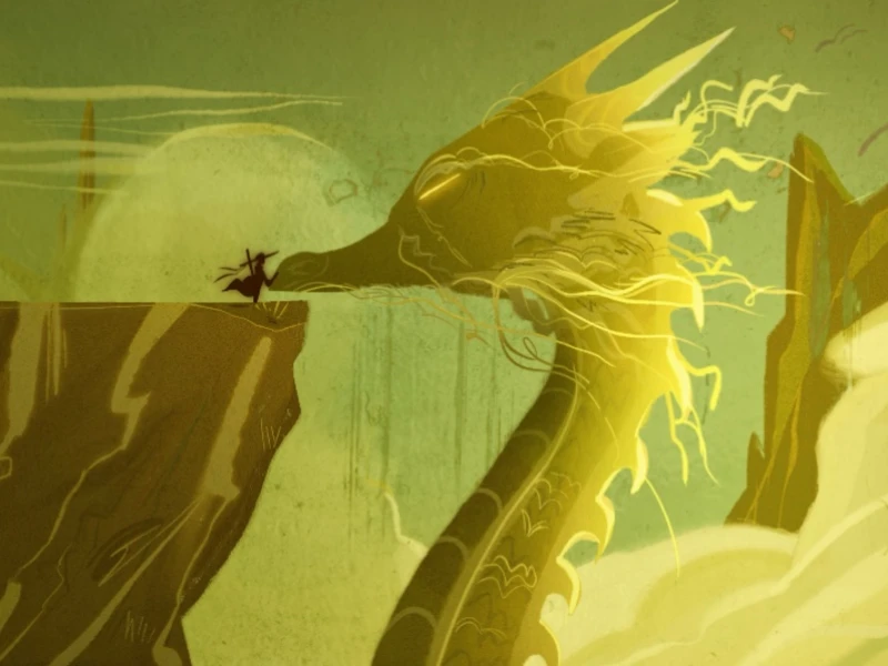 A large green and yellow dragon faces a small warrior on a cliff, surrounded by a soft green, cloud-like background.