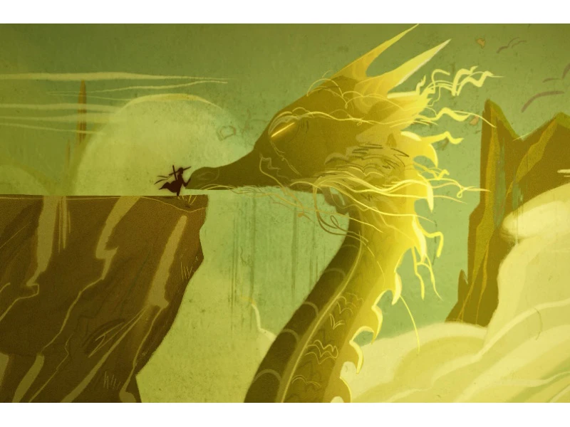 A large green and yellow dragon faces a small warrior on a cliff, surrounded by a soft green, cloud-like background.