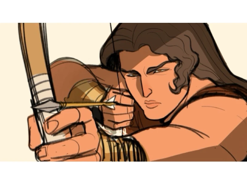 Illustration of an archer aiming a bow with a focused expression.