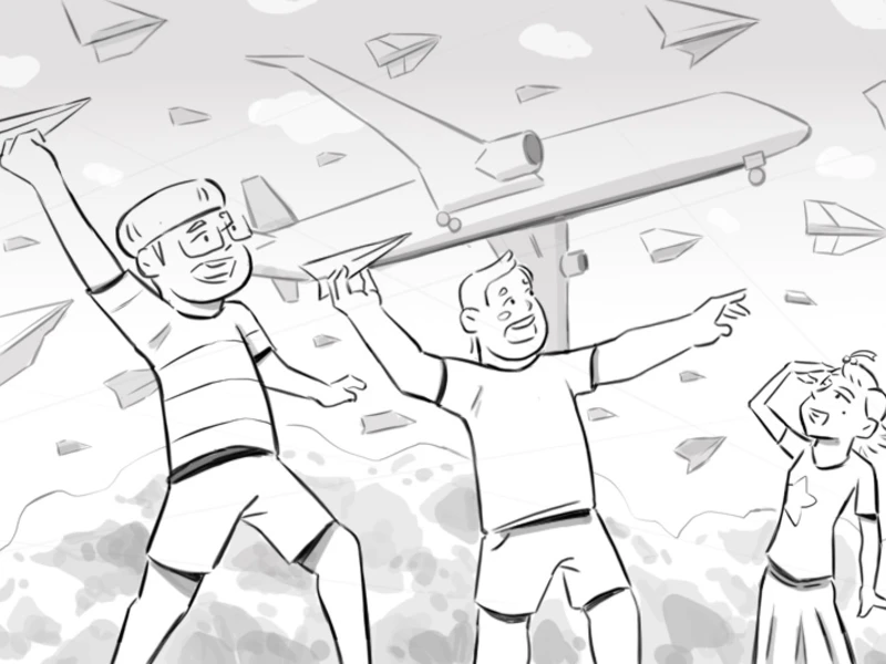 Children playing with paper airplanes and a large airplane in the background.