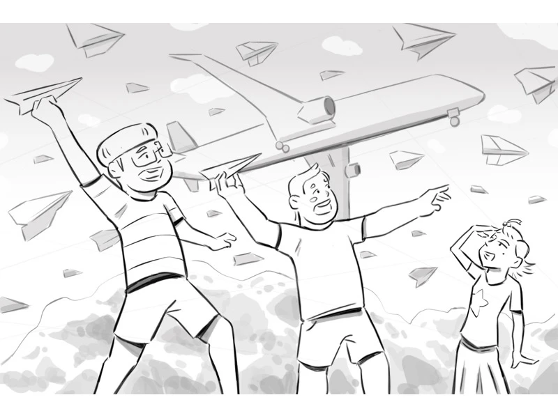 Children playing with paper airplanes and a large airplane in the background.