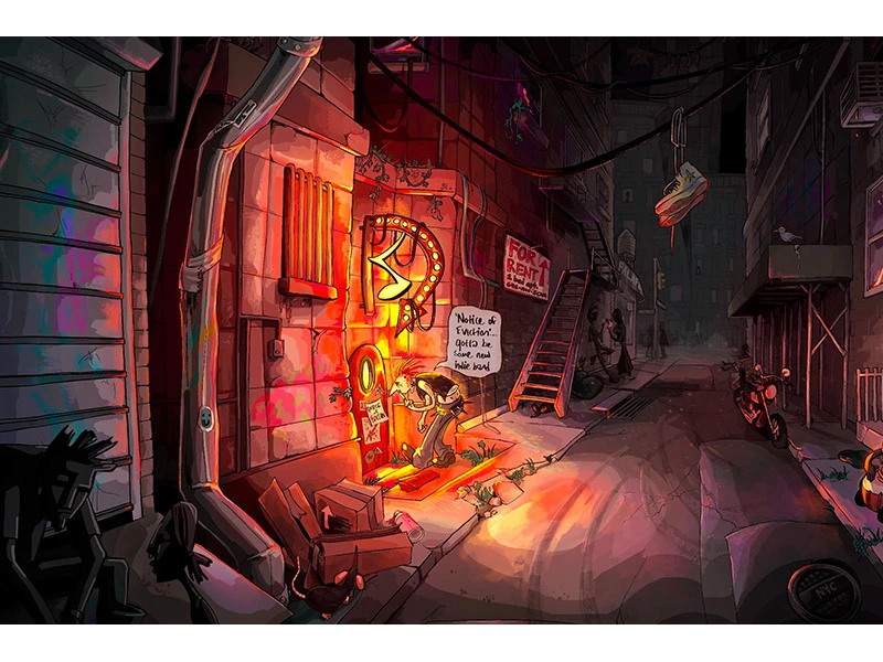 A person kneeling in a brightly lit urban alleyway doorway, surrounded by boxes and clutter.