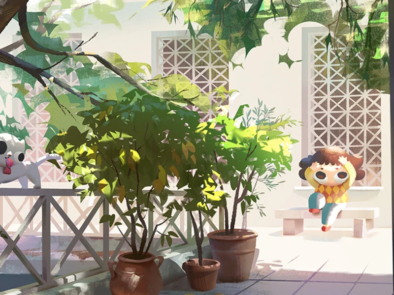 Outdoor patio with potted plants, a cartoonish dog on a railing, and a seated whimsical character.