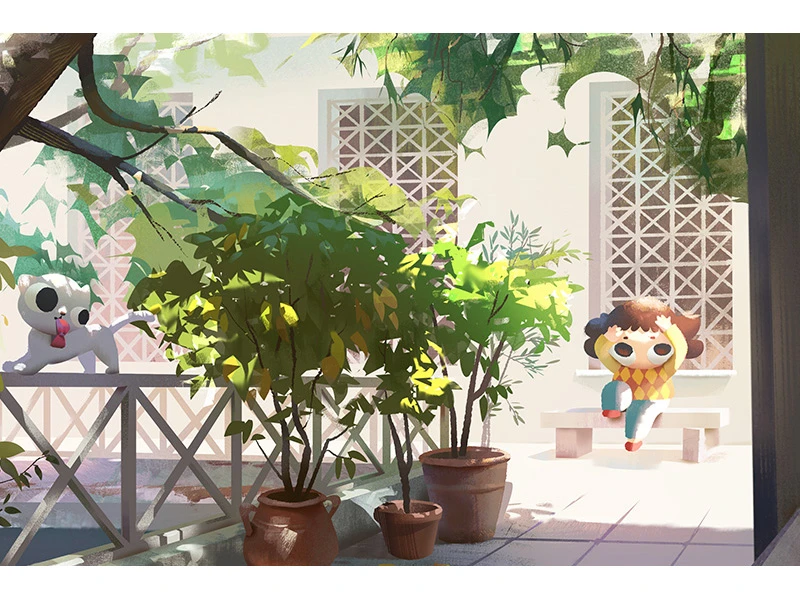 Outdoor patio with potted plants, a cartoonish dog on a railing, and a seated whimsical character.