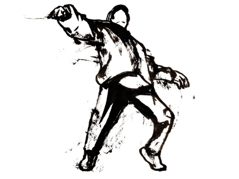 Abstract black ink illustration of a person in a dynamic pose on a white background.