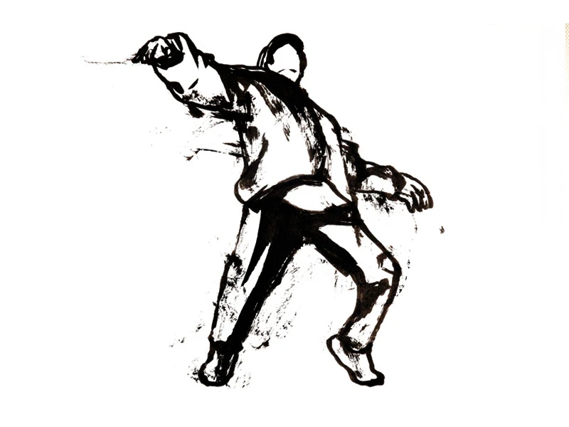 Abstract black ink illustration of a person in a dynamic pose on a white background.
