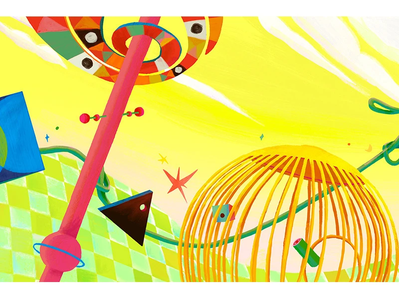 An abstract illustration with geometric shapes on a bright yellow background.