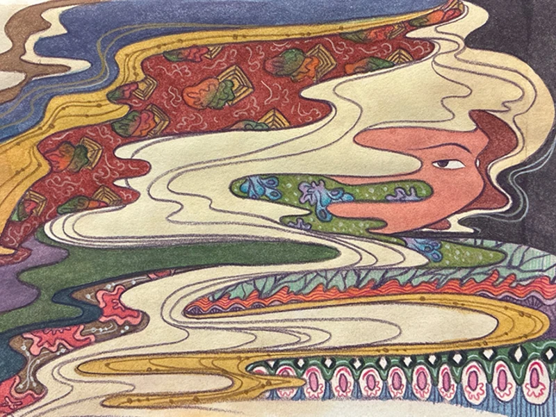 Abstract artwork with swirling patterns and a stylized face.