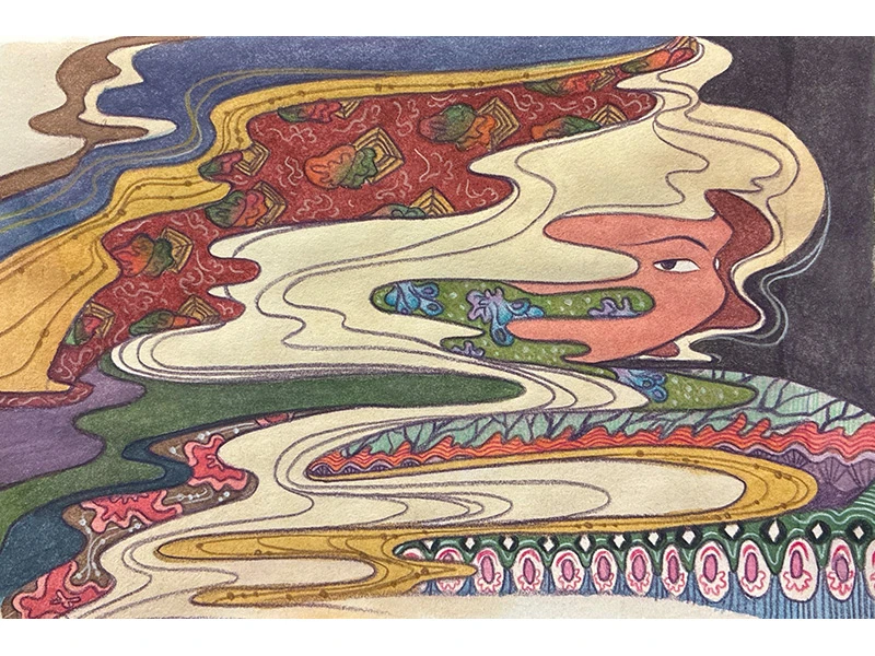 Abstract artwork with swirling patterns and a stylized face.