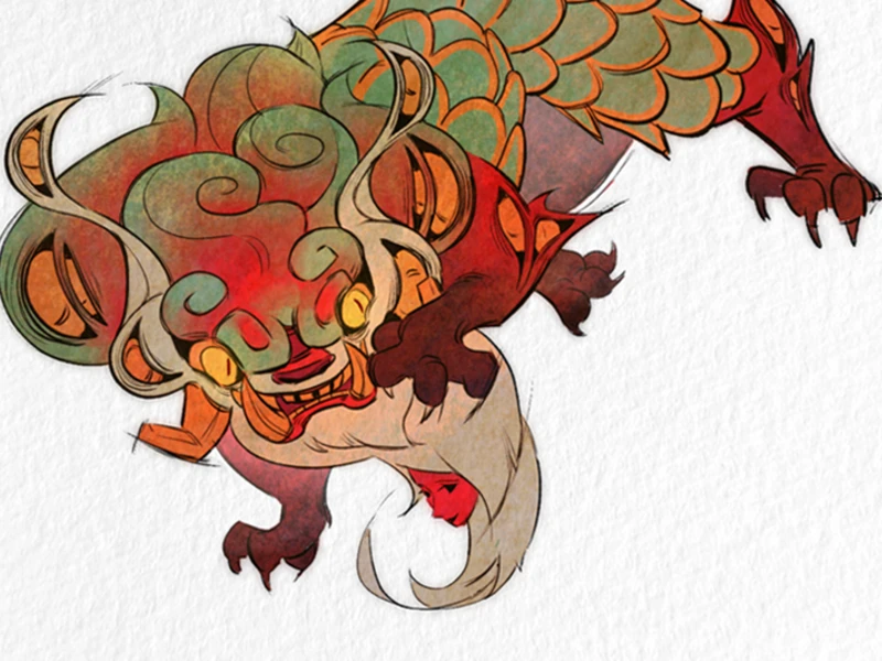 Colorful mythical creature with a curly mane and scaled body.