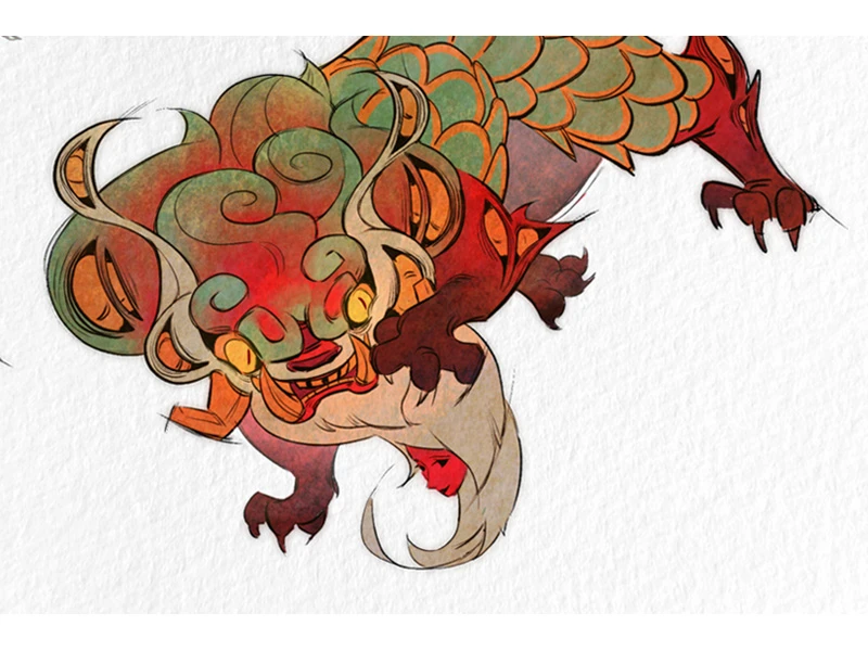 Colorful mythical creature with a curly mane and scaled body.