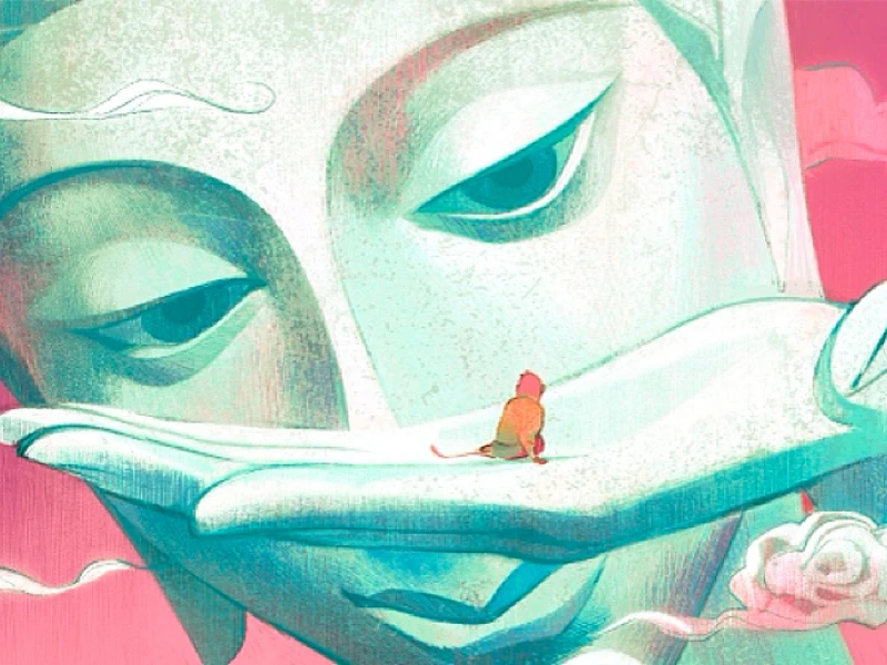 A large stone statue with closed eyes, holding a small red and orange monkey on its hand, set against a pink sky with swirly clouds.