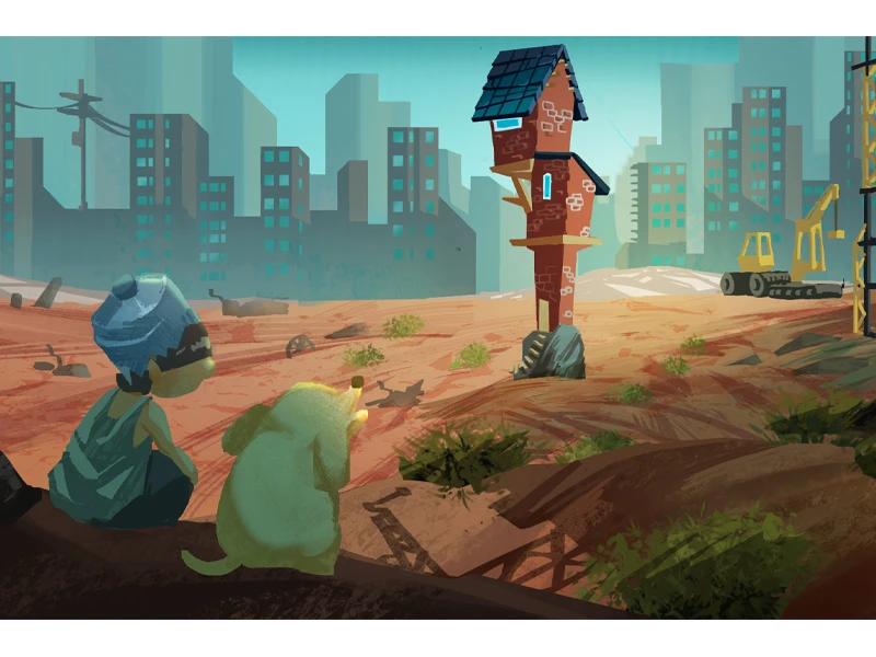 A child and a small animal gaze at a tall, narrow brick house amidst a futuristic urban landscape with skyscrapers and construction equipment.