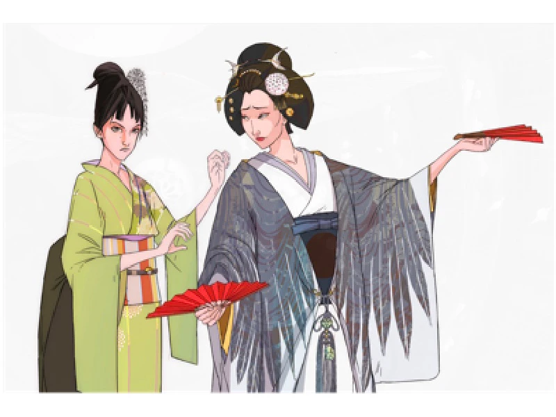 Two women in traditional Japanese attire holding red fans.
