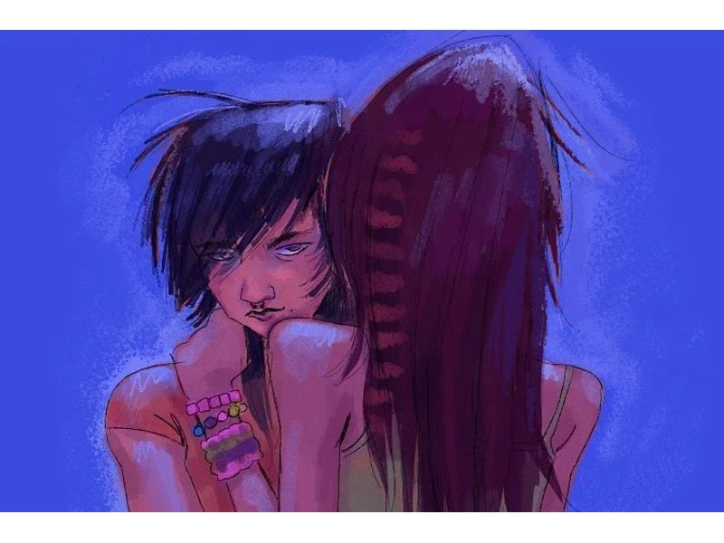 Stylized illustration of two people embracing with a blue background.