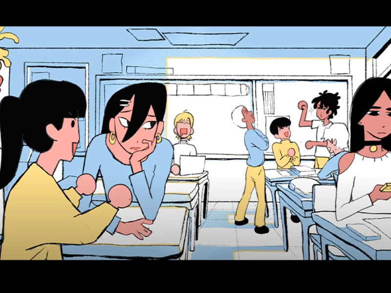 Animated classroom scene with students sitting and standing.