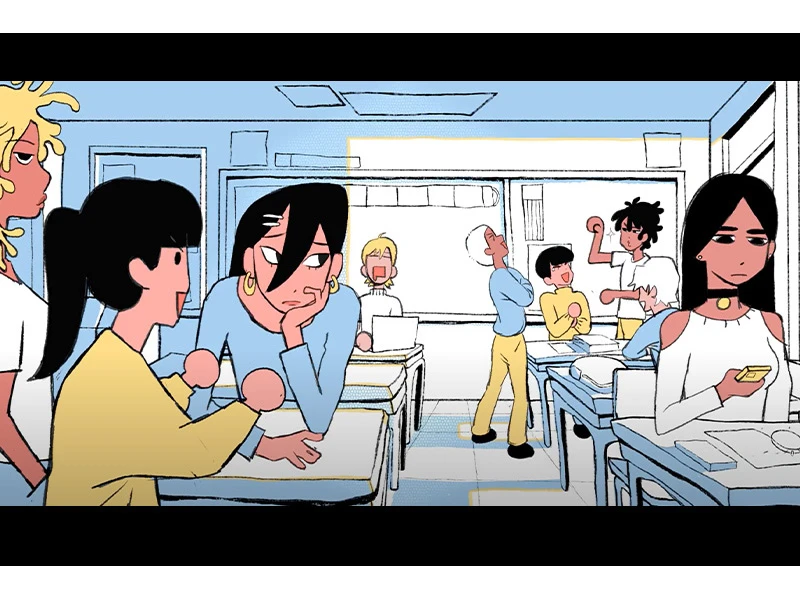 Animated classroom scene with students sitting and standing.