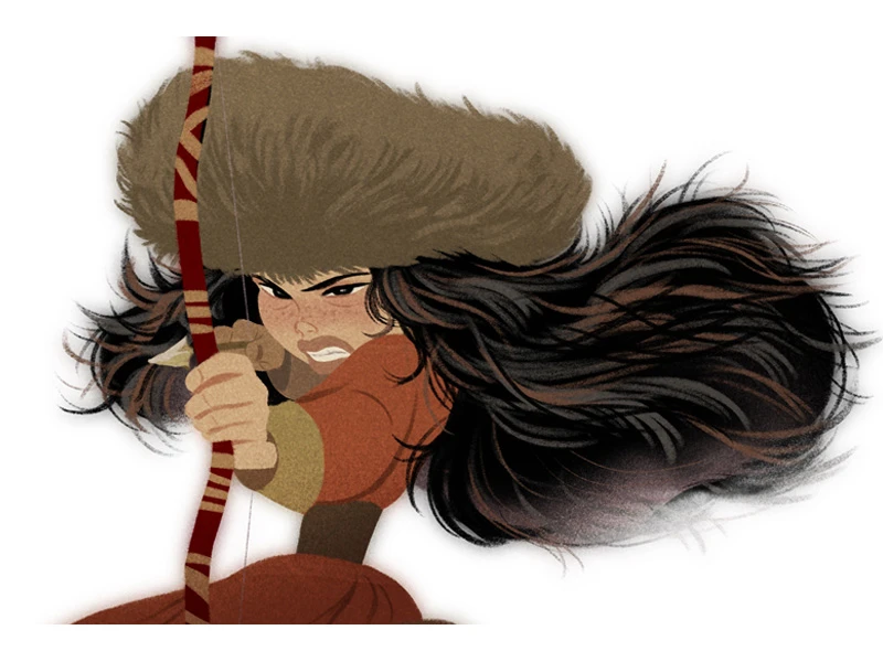 Illustration of a person with long black hair, holding a bow, and wearing a large brown hat.