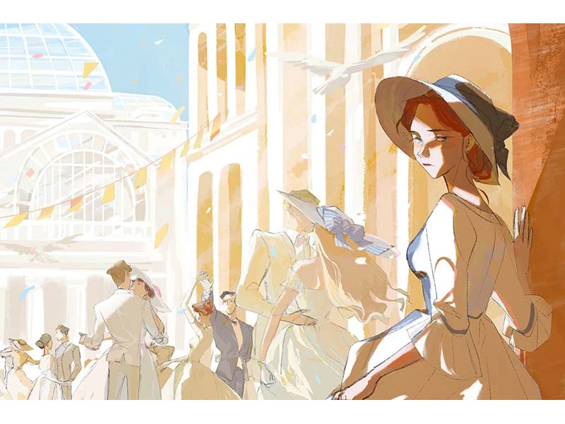 A woman in a white dress and hat stands in a vibrant, vintage-inspired outdoor gathering with dancing couples.