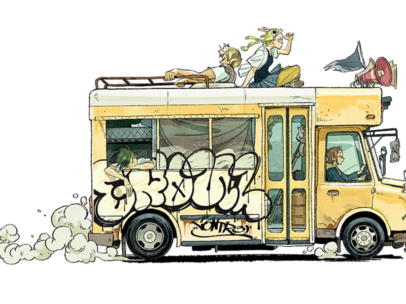 A yellow bus with graffiti and two people on the roof, one playing a trumpet, driving forward with exhaust smoke.