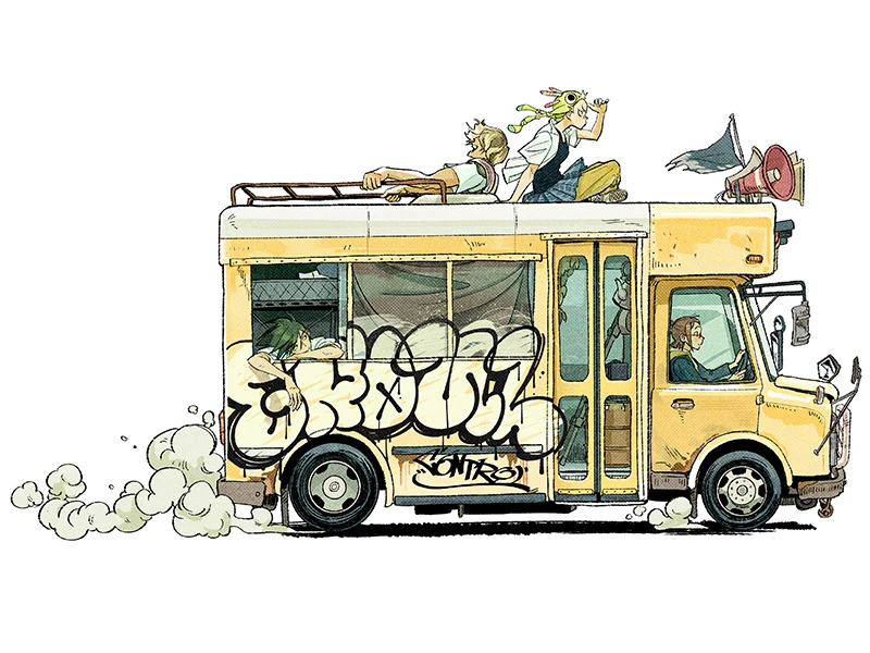 A yellow bus with graffiti and two people on the roof, one playing a trumpet, driving forward with exhaust smoke.