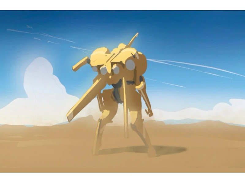 A yellow humanoid robot stands in a desert with a clear blue sky.