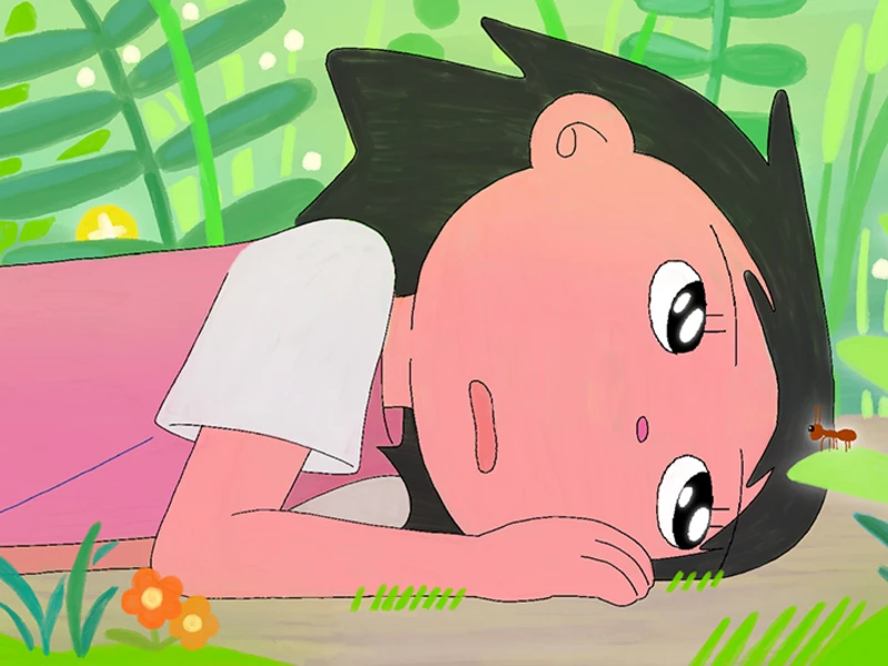 Cartoon character lying on a wooden surface, observing a red ant, with a garden background.