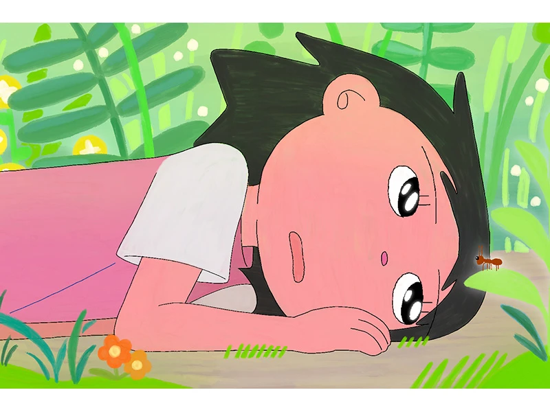 Cartoon character lying on a wooden surface, observing a red ant, with a garden background.