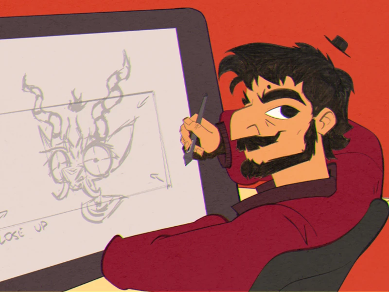 A person drawing a cartoon goat on a digital tablet, with a stylus in hand.