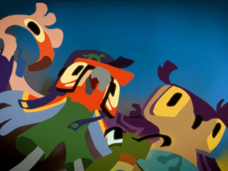 A stylized illustration of four cartoonish characters with expressive features against a blue background.