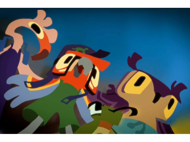 A stylized illustration of four cartoonish characters with expressive features against a blue background.