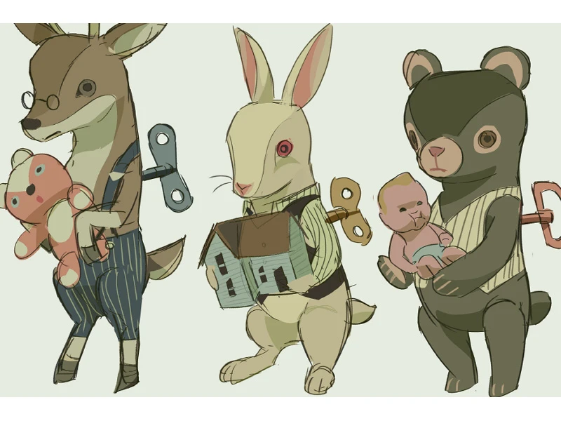 Three wind-up animals with vintage toys: a deer, a rabbit, and a bear.