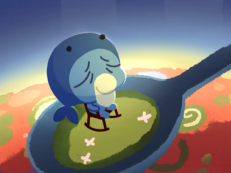 A cartoon figure in blue sitting on a large spoon holding a yellow object, with a colorful abstract background.