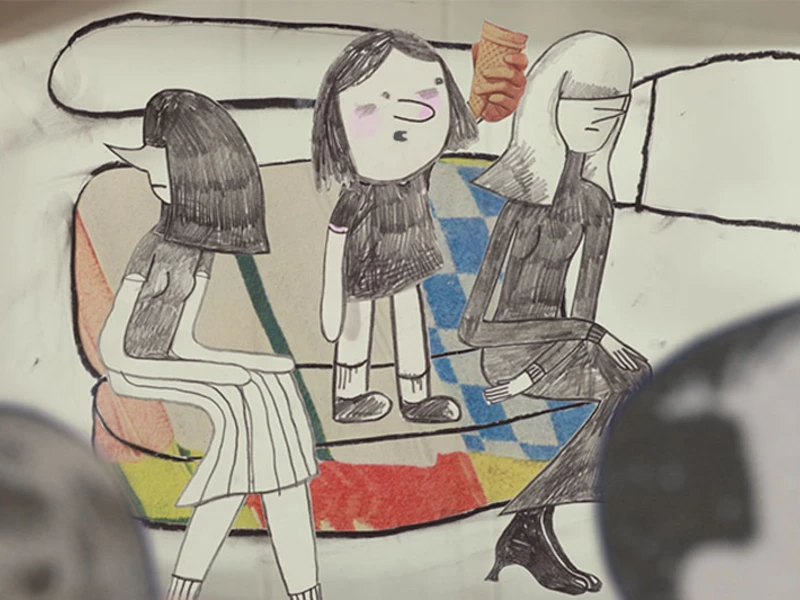 Illustrated figures sitting on a colorful quilted couch.