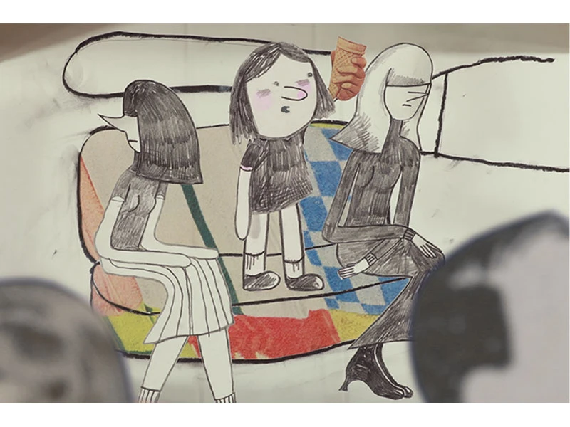 Illustrated figures sitting on a colorful quilted couch.