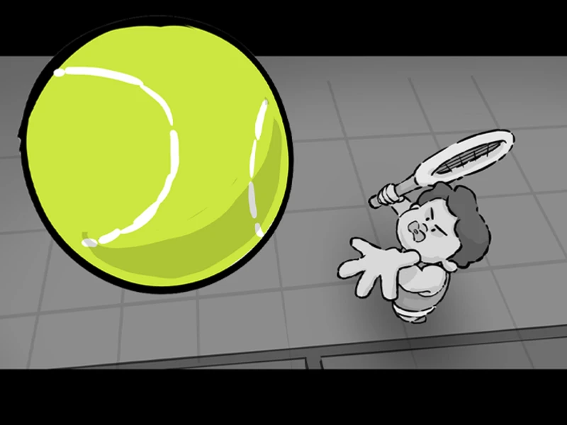 Illustration of a person about to hit a large yellow tennis ball with a racket on a grayscale tennis court.