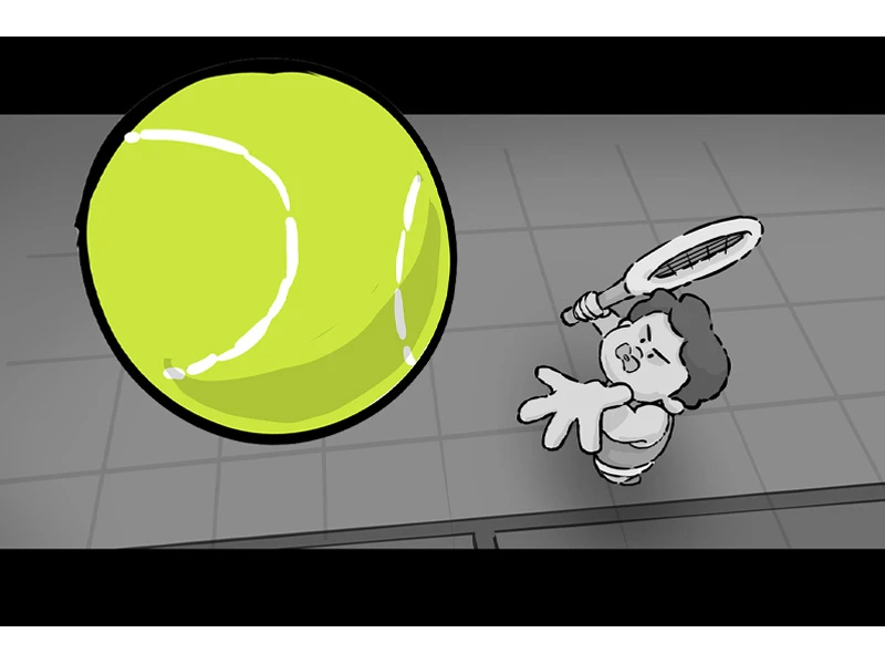 Illustration of a person about to hit a large yellow tennis ball with a racket on a grayscale tennis court.