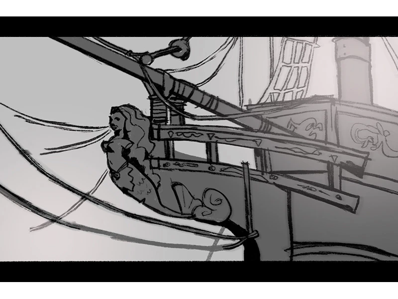 Monochrome illustration of a ship's figurehead featuring a mermaid sculpture.