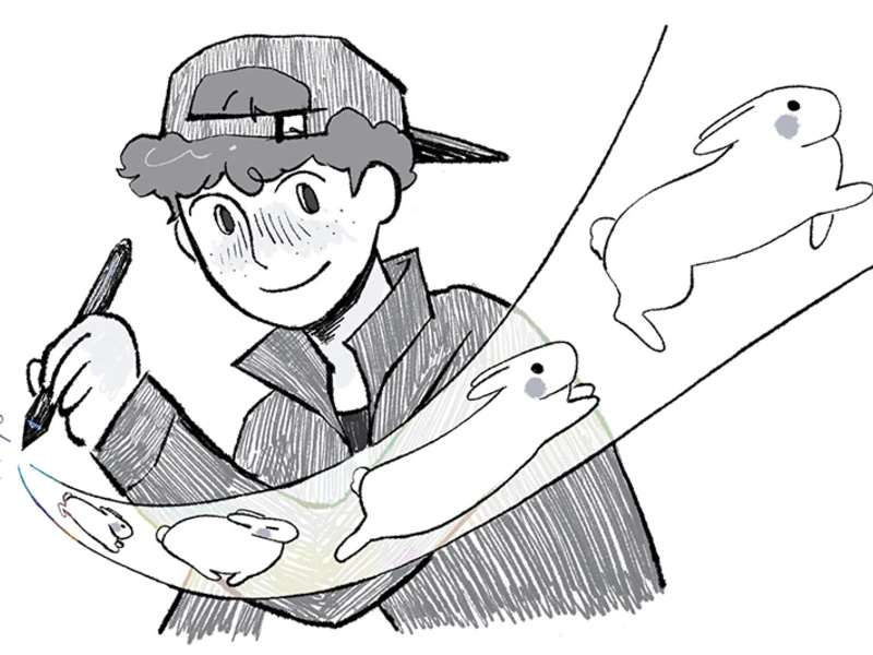 Cartoon of a person drawing animated rabbits with a pen.
